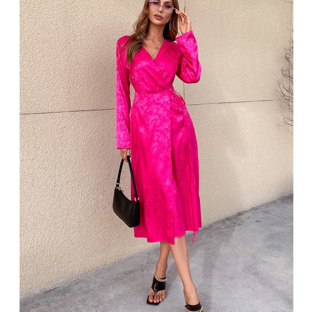 Shein Floral Jacquard Tie Side Satin Wrap Dress